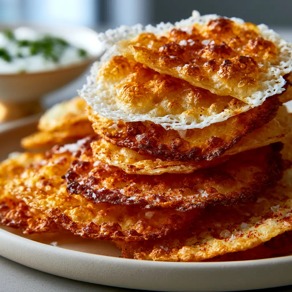 Extreme macro close-up of bubbled, crispy cottage cheese crackers with smoked paprika dust and sea salt. (cottage cheese crackers)