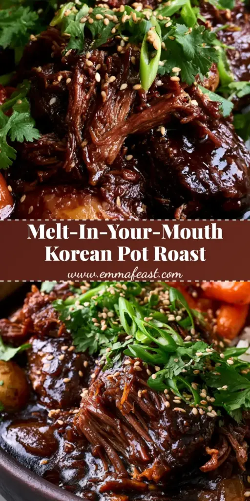 A top-down view of a dark ceramic bowl containing shredded Korean Pot Roast in a mahogany glaze, surrounded by carrots and potatoes, with steaming rice on the side.