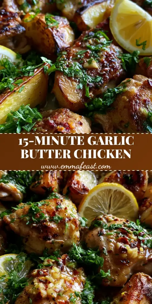 A rustic sheet pan filled with golden garlic butter chicken bites, crispy potato wedges, and lemon slices. (easy chicken dinner ideas)
