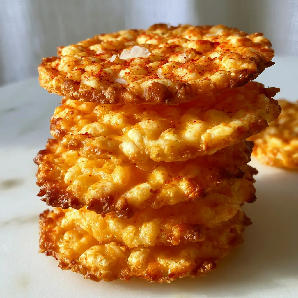 A side view stack of Rice Krispie Cheddar Crackers showing the deeply golden crispy edges and Maldon sea salt flakes.
