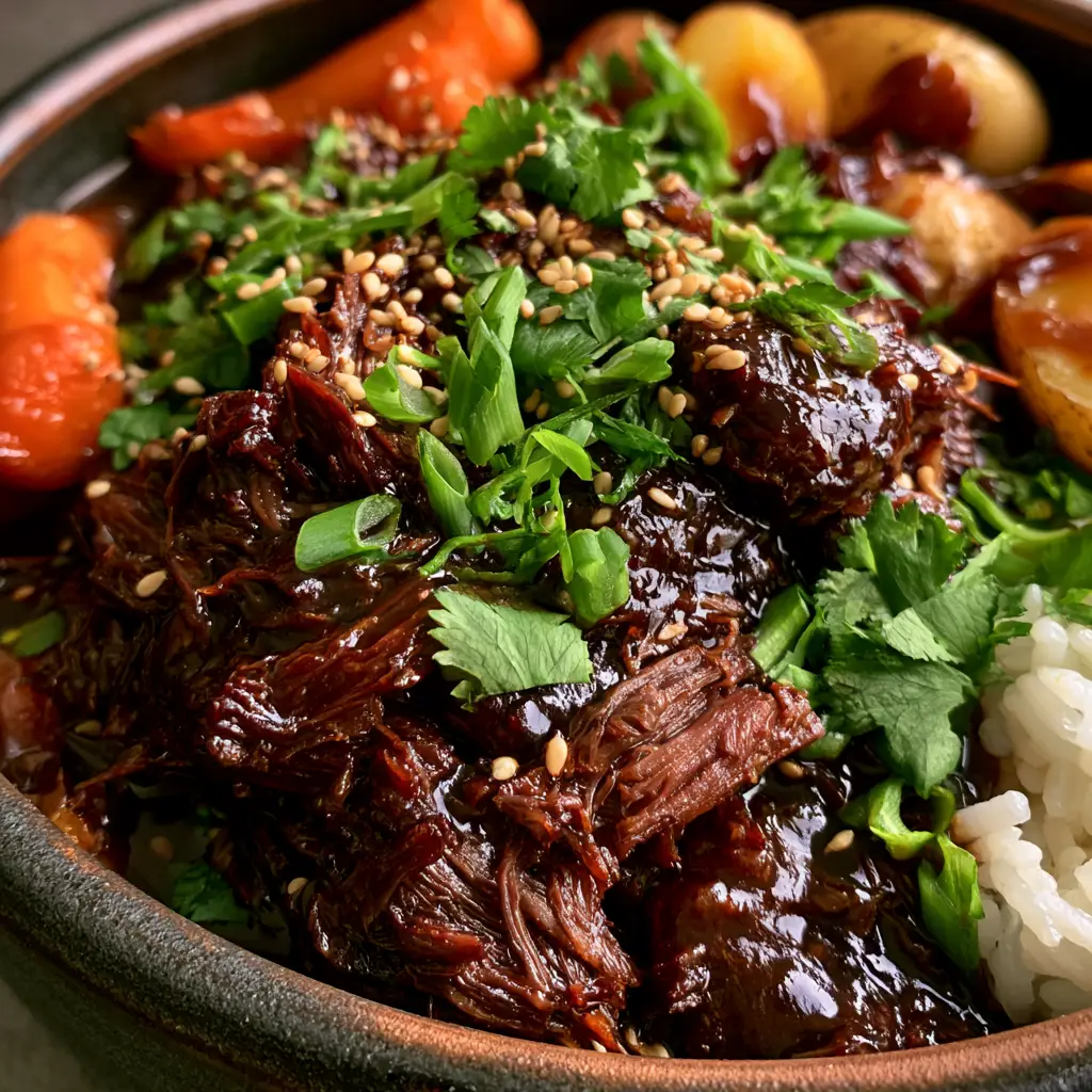 Halved fingerling potatoes and baby carrots glistening in a dark soy glaze alongside shredded beef. (Korean Pot Roast)