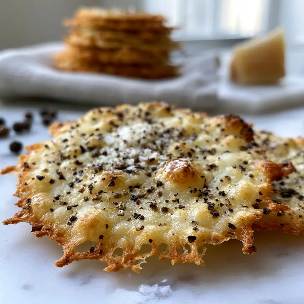 Extreme macro of a Cacio E Pepe cracker showing bubbly cheese texture and coarse pepper specks. (Cacio E Pepe Crackers)