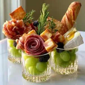 High-angle shot of three individual charcuterie cups on a marble surface. (charcuterie board ideas)
