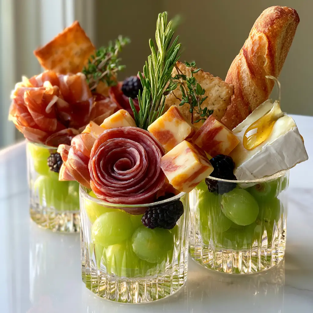 High-angle shot of three individual charcuterie cups on a marble surface. (charcuterie board ideas)