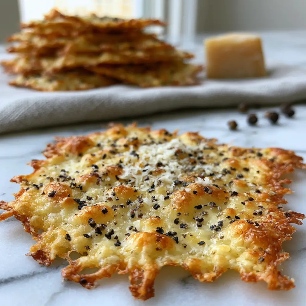 Close up of Cacio E Pepe crackers with irregular rustic edges and lacy cheese fringe.