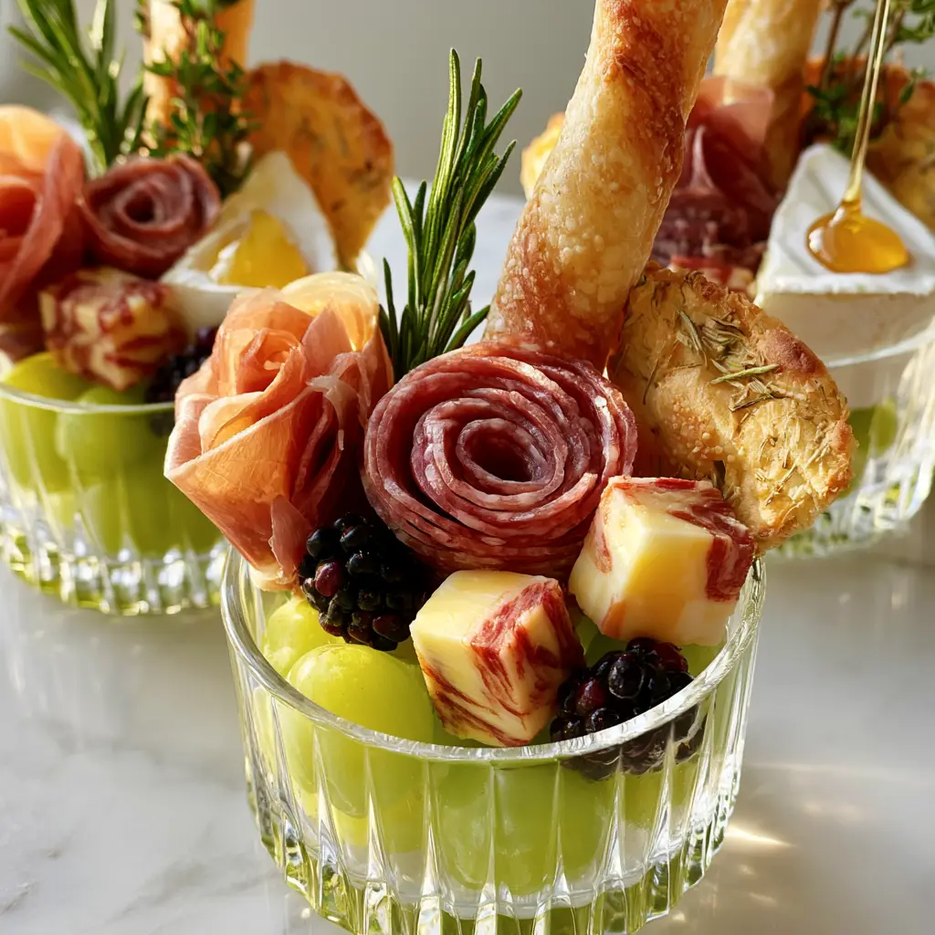Close-up of a salami rose and brie with honey in a crystal glass charcuterie cup.