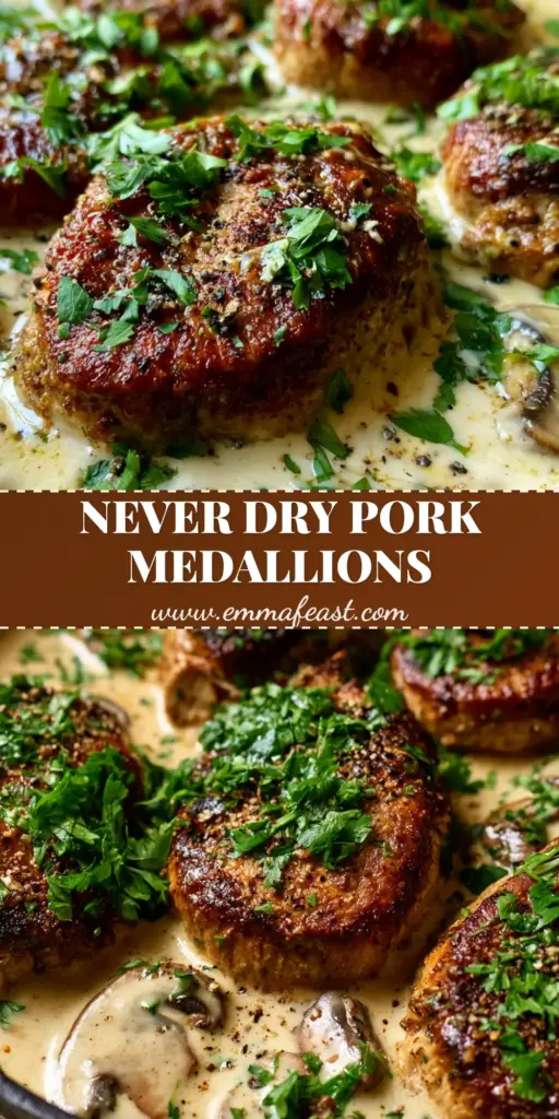 A high-angle shot of pan-seared Creamy Pork Medallions in a cast iron skillet with garlic cream sauce and cremini mushrooms.
