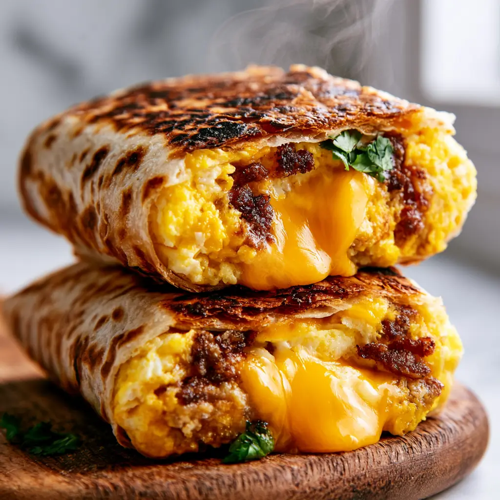 Internal cross-section of a breakfast burrito showing layers of bright yellow eggs and smoked sausage.