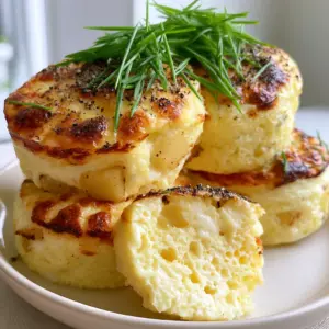 Macro photo of potato chive egg bites showing visible cubes of gold potato and melted white cheddar pockets.