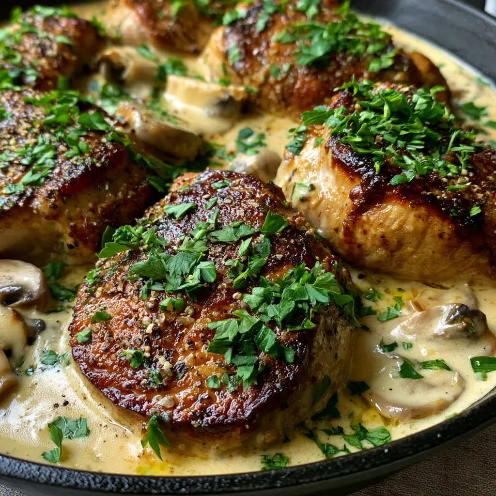 Overhead shot of ivory garlic cream sauce with sliced cremini mushrooms and pan-seared pork.