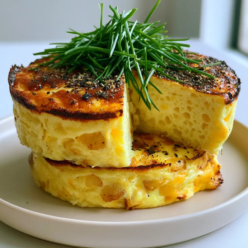 A potato chive egg bite sliced in half to reveal a moist, porous, and fluffy interior texture.