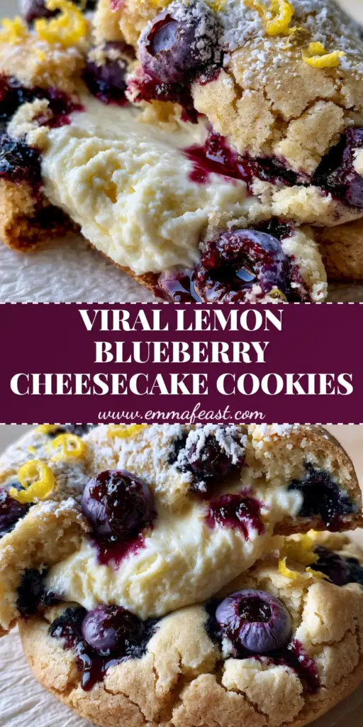 A close-up shot of a soft-baked Lemon Blueberry Cheesecake Cookie pulled apart to reveal a molten cream cheese center on white parchment paper.