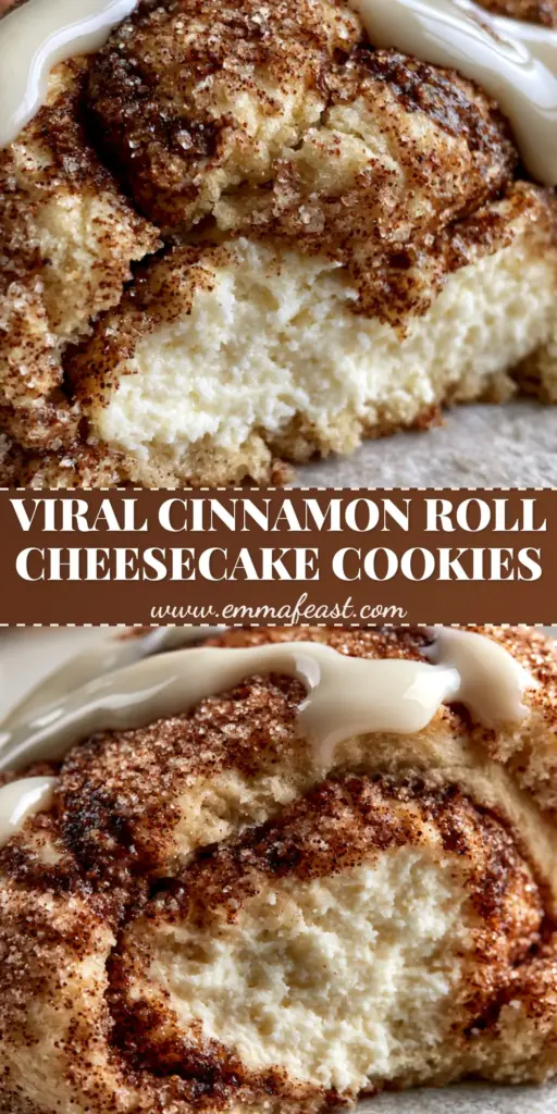 A warm Cinnamon Roll Cheesecake Cookie being pulled apart to reveal a creamy white center.