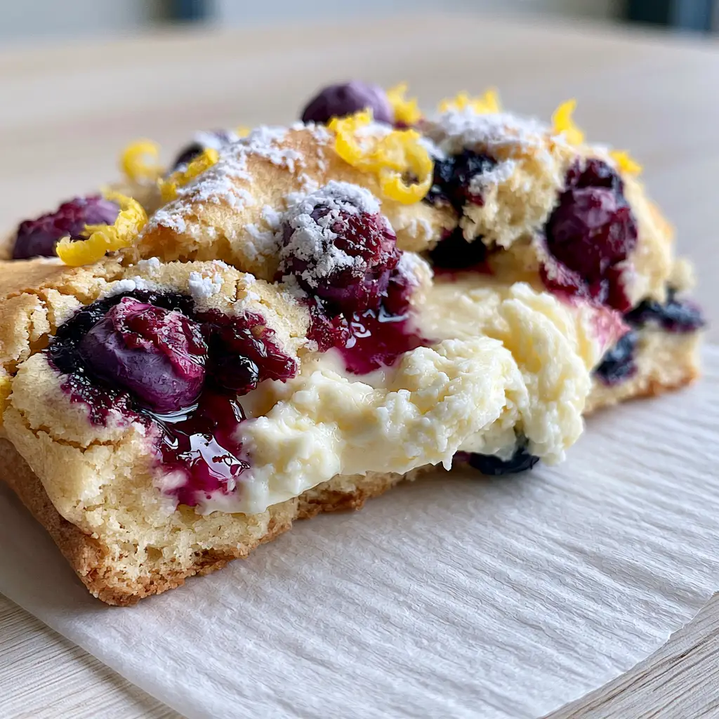 A handheld photo showing the dense, smooth cream cheese filling inside a lemon blueberry cookie with powdered sugar dusting.