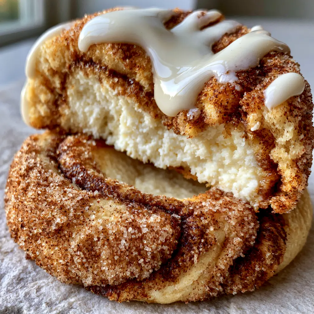Close-up of the dense, bright white cheesecake center inside a golden cinnamon swirl cookie.