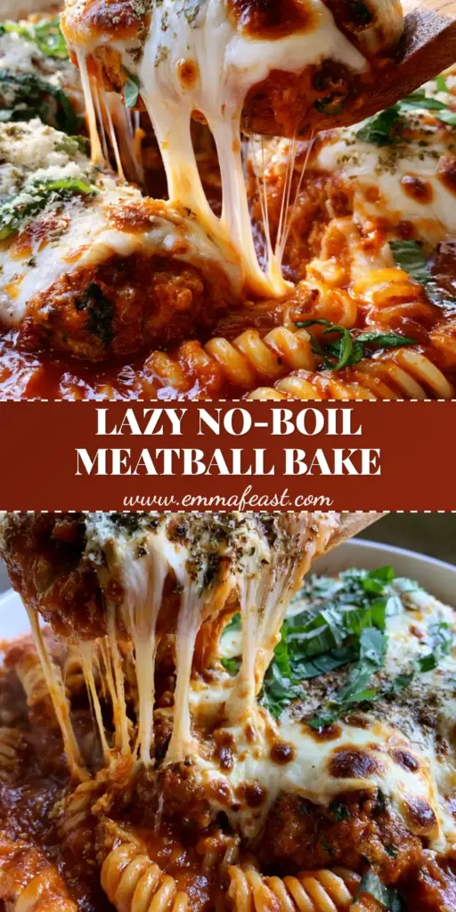 A steaming white ceramic dish of dump and bake meatball casserole with rotini, melted mozzarella, and fresh basil ribbons.