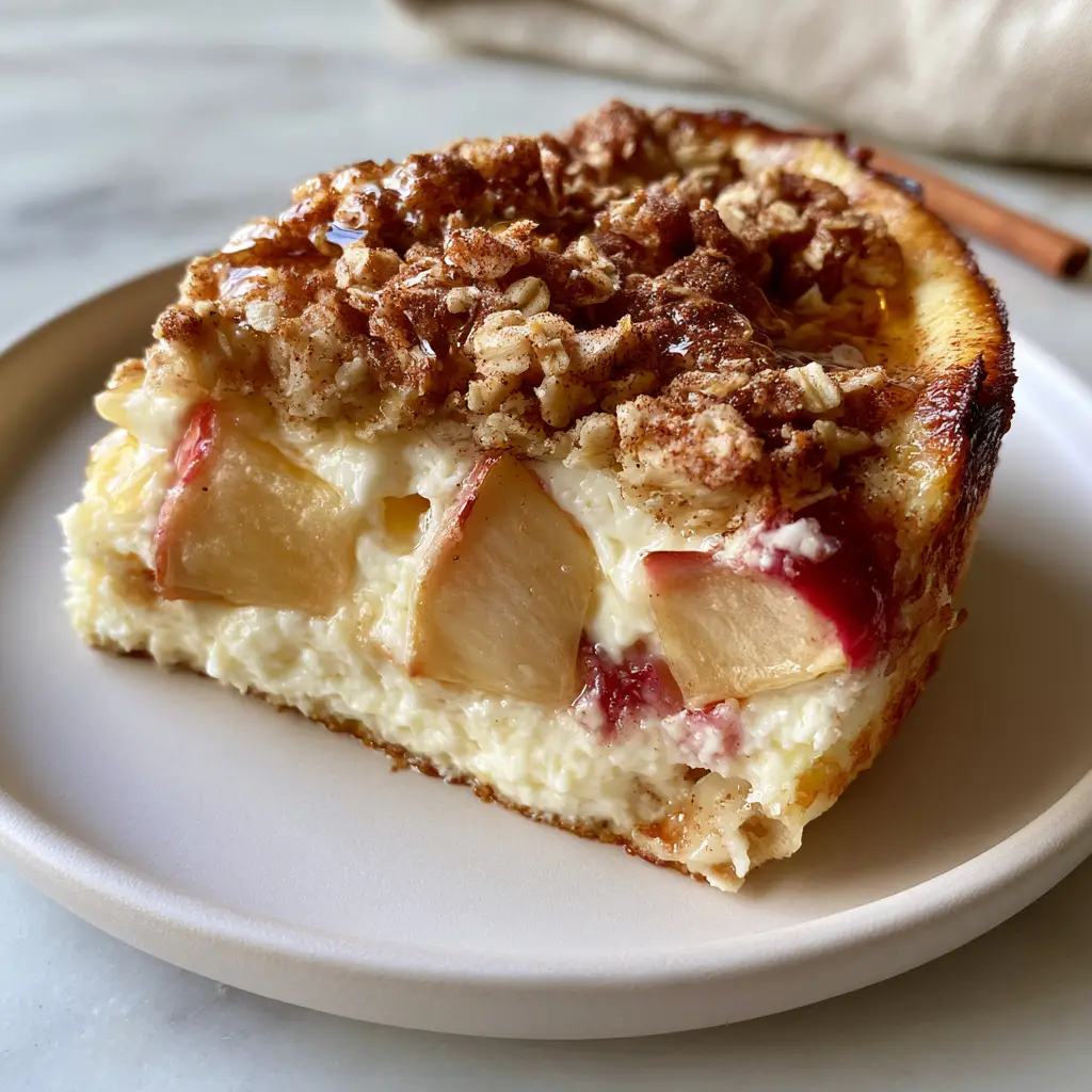 Apple Cinnamon Cottage Cheese Bake: The Ultimate High-Protein Breakfast Custard 2 A 45-degree angle handheld photo of a slice of Apple cinnamon cottage cheese bake on a white plate.