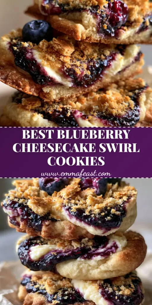 A stack of thick Blueberry Cheesecake Swirl Cookies with indigo jam, white cheesecake ripples, and graham cracker crumbles on parchment paper.