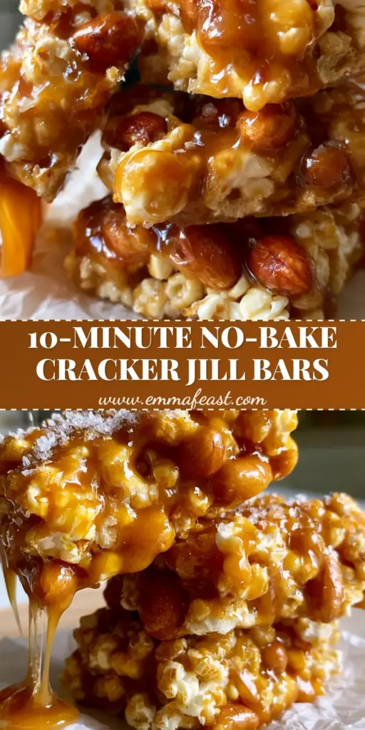 A tall stack of thick, gooey Cracker Jill dessert bars on white parchment paper, featuring golden-amber caramel and whole peanuts. (Cracker Jill bars recipe)