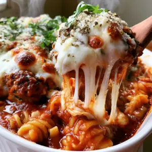 Extreme close-up of a wooden spoon lifting cheesy rotini pasta and meatballs from a dump and bake meatball casserole.