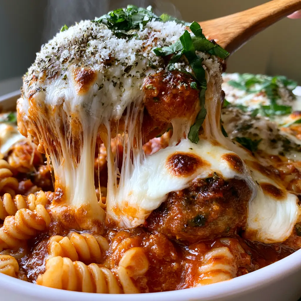 A close-up of toasted golden-brown mozzarella spots on a meatball and rotini casserole garnished with basil and oregano.