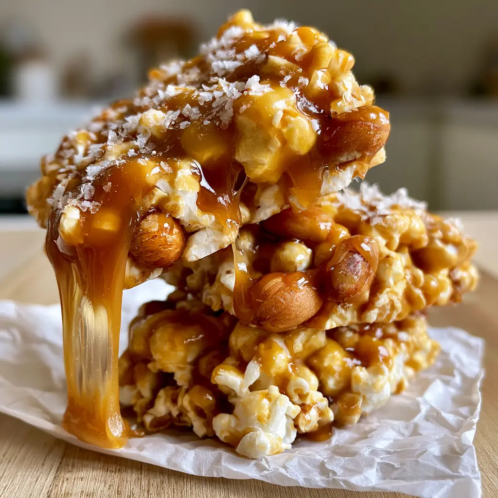 Glossy golden-amber caramel coating popcorn and skin-on peanuts in thick square dessert bars. (Cracker Jill bars recipe)