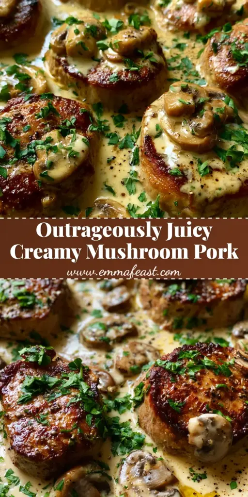 A top-down macro photo of a cast iron skillet with seared pork tenderloin medallions in a thick garlic butter cream sauce with sliced cremini mushrooms and fresh parsley. (Creamy Mushroom Pork Tenderloin)