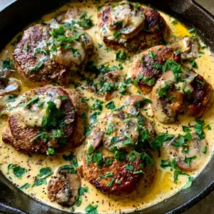 Close up view of golden-brown pork medallions nestled in a velvety cream sauce with black pepper flecks. (Creamy Mushroom Pork Tenderloin)