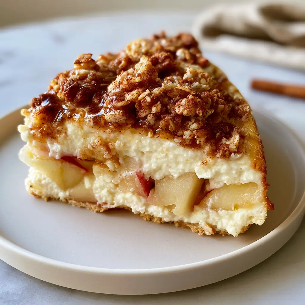 Apple Cinnamon Cottage Cheese Bake: The Ultimate High-Protein Breakfast Custard 1 Top-down view of the rustic oat crumble and honey drizzle on the Apple cinnamon cottage cheese bake.