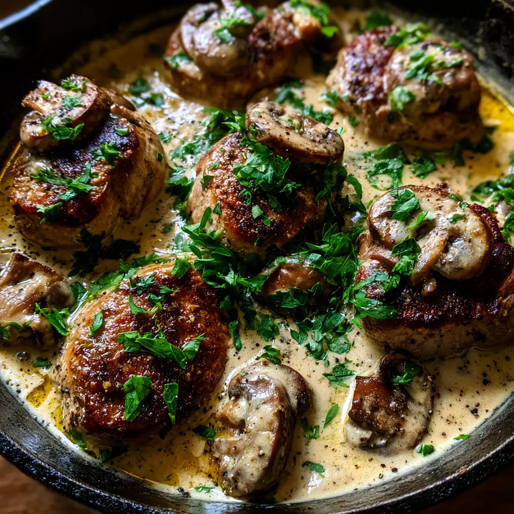 A top-down macro handheld smartphone photo of a seasoned cast iron skillet filled with thick-cut pork tenderloin medallions and glistening mushrooms.