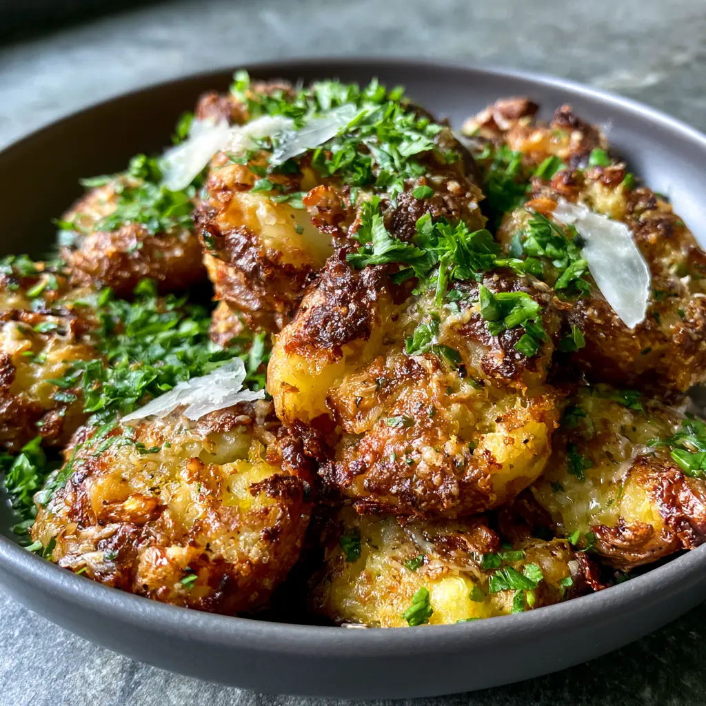 Smashed Yukon Gold potatoes piled in a matte charcoal ceramic bowl showing a toasted Parmesan crust.