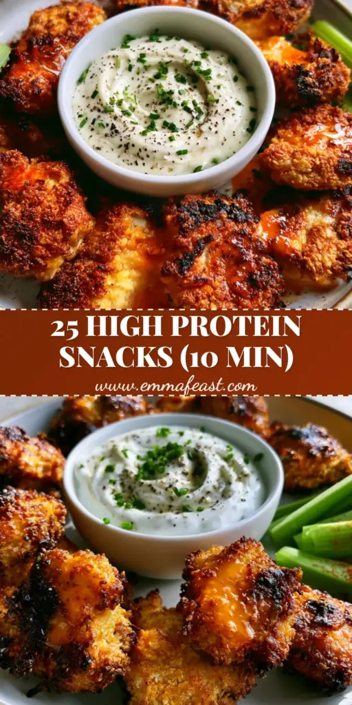 A professional flat lay of crispy air-fried buffalo chicken bites with a side of Greek yogurt ranch dip, chives, and celery. (snack recipes)