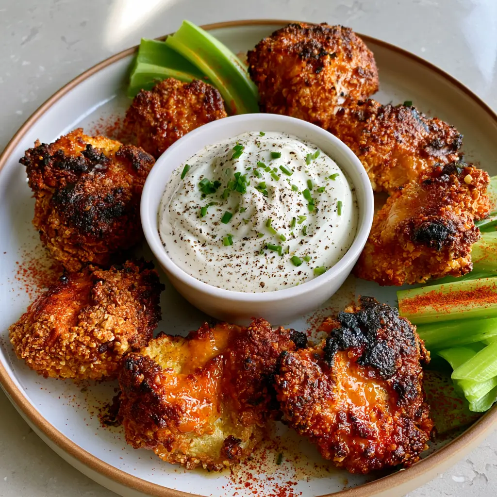 Close up shot of golden-brown air fried chicken chunks with charred edges and a spicy orange glaze. (snack recipes)