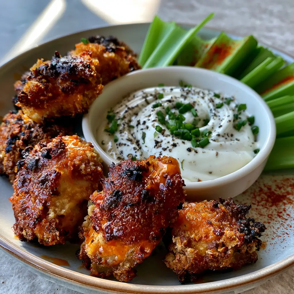 A modern ceramic plate featuring buffalo chicken bites, Greek yogurt dip with chives, and fresh celery sticks.