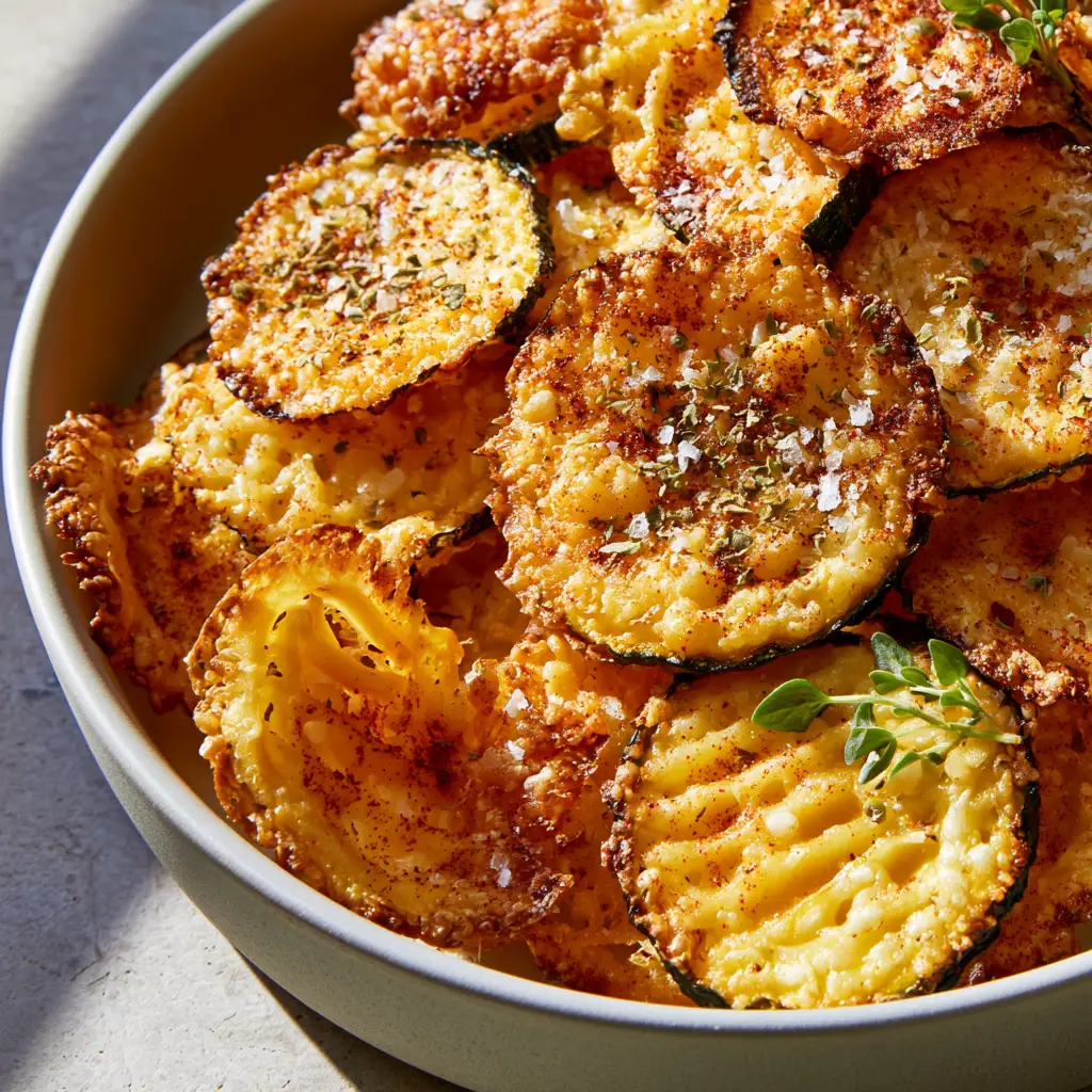 Salty snack recipes: The Ultimate Ultra-Crispy Air-Fried Zucchini and Parmesan Pasta Chips 1 Bow-tie pasta chips piled in a minimalist bowl with golden-brown toasted edges. (salty snack recipes)