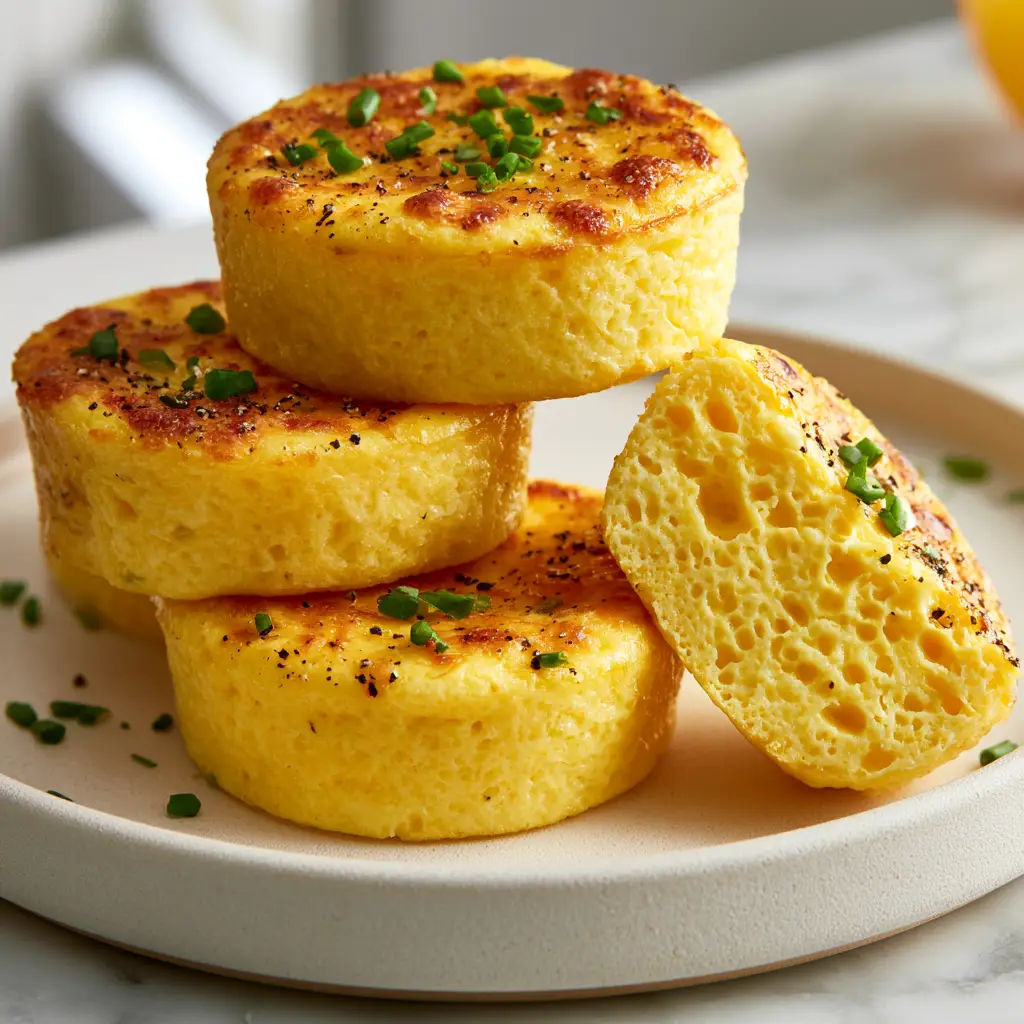 Three circular Cottage Cheese Egg Bites garnished with chives and cracked black pepper on a kitchen counter.