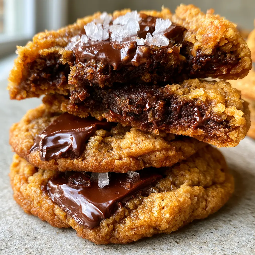 Smartphone photo of a stack of golden brown sugar chocolate chip cookies with sea salt flakes on a grey stone backdrop.