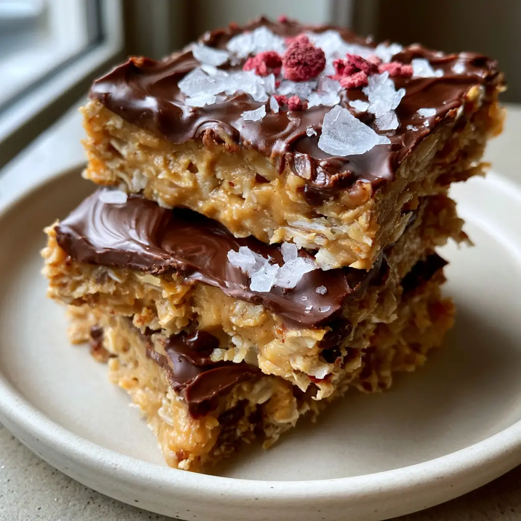 Side profile of a homemade oat bar showing visible oat grains and mini chocolate chips.