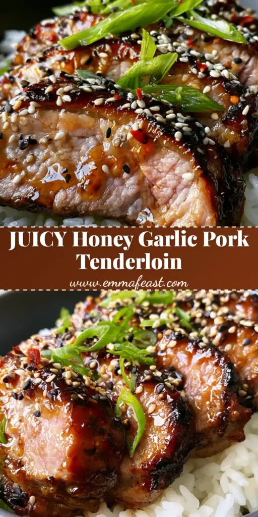 A vertical macro shot of Asian Pork Tenderloin medallions with a glistening honey garlic glaze over jasmine rice.