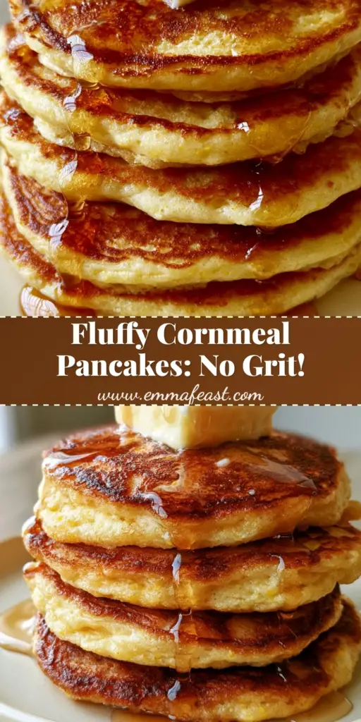 Cornmeal Pancakes: The Ultimate Fluffy and Crispy-Edged Breakfast 4 A tall stack of four fluffy cornmeal pancakes with a melting pat of butter and dripping maple syrup on a cream plate. (cornmeal pancakes)