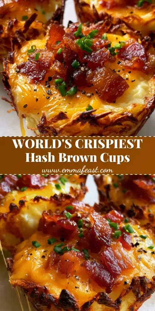 A stack of three Hash Brown Breakfast Cups with golden-brown crunchy edges, melted cheddar, and crispy bacon crumbles on a stone background.