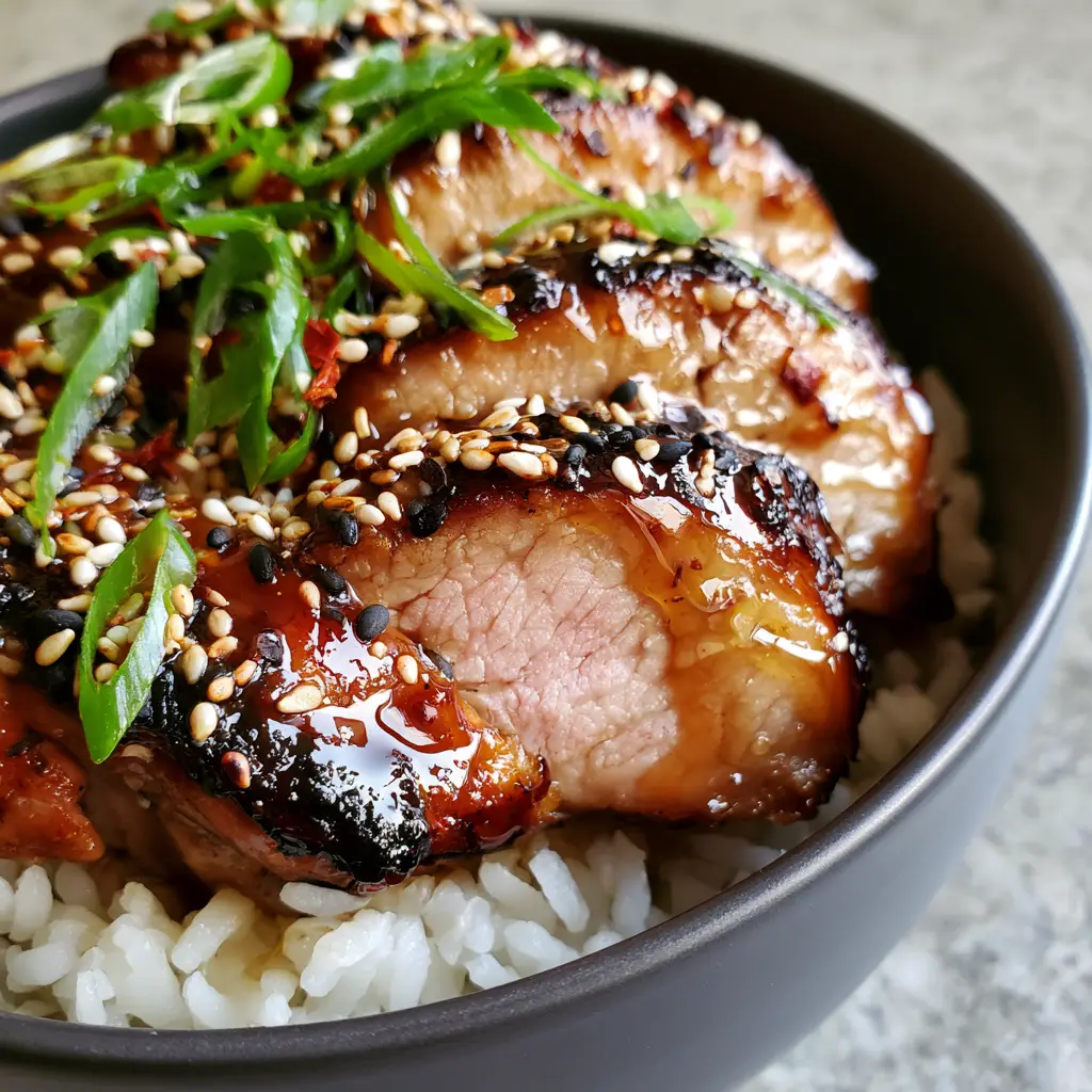 Plated Asian Pork Tenderloin in a charcoal bowl with sesame seeds and bias-cut scallions.