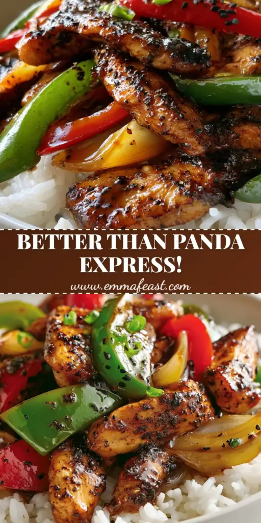 A steaming white bowl of Black pepper chicken over jasmine rice, showing glossy dark sauce and colorful bell peppers.