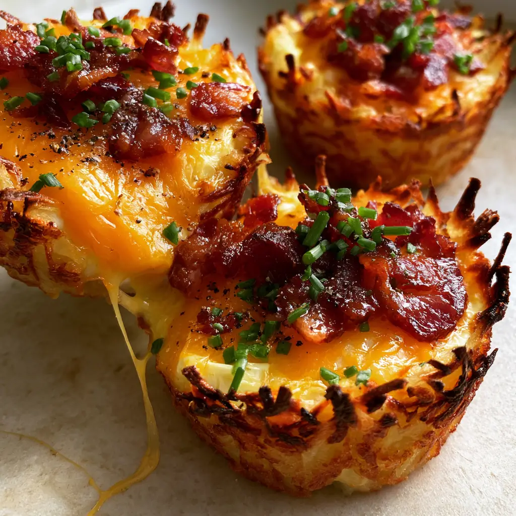 A lifted Hash Brown Breakfast Cup showing a stretchy cheese pull and glistening clusters of crispy bacon crumbles.