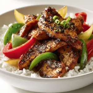 Close up of seared chicken breast in a dark glossy soy glaze with coarse black pepper specks. (Black pepper chicken)