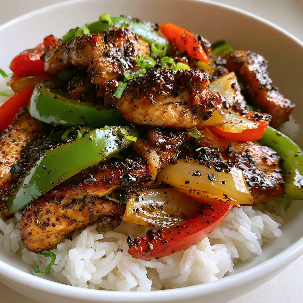 Handheld photo of Black pepper chicken stir fry with red and green bell peppers and yellow onions in a white bowl.