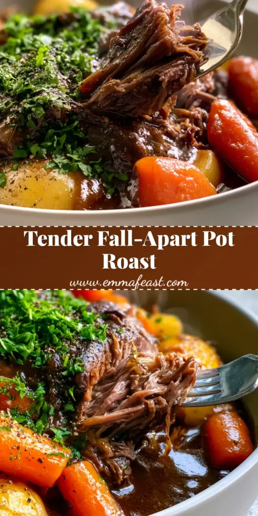 A close-up of a silver fork pulling apart tender beef fibers in a Classic Pot Roast Recipe with glossy gravy and orange carrots.
