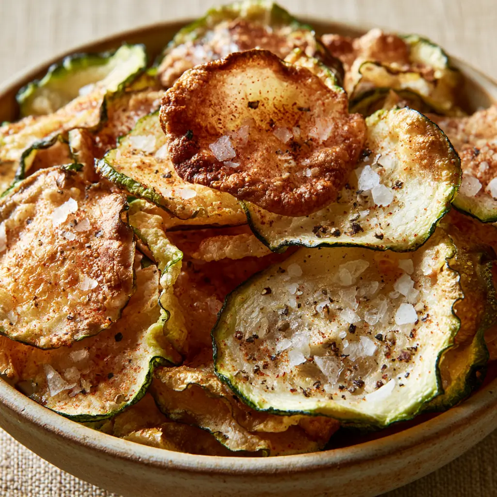 Crunchy Snack Recipe: Ultra-Thin Zucchini and Radish Chips with Smoked Paprika 1 Detailed view of ruffled golden-brown edges on zucchini chips seasoned with smoked paprika and cracked black pepper.