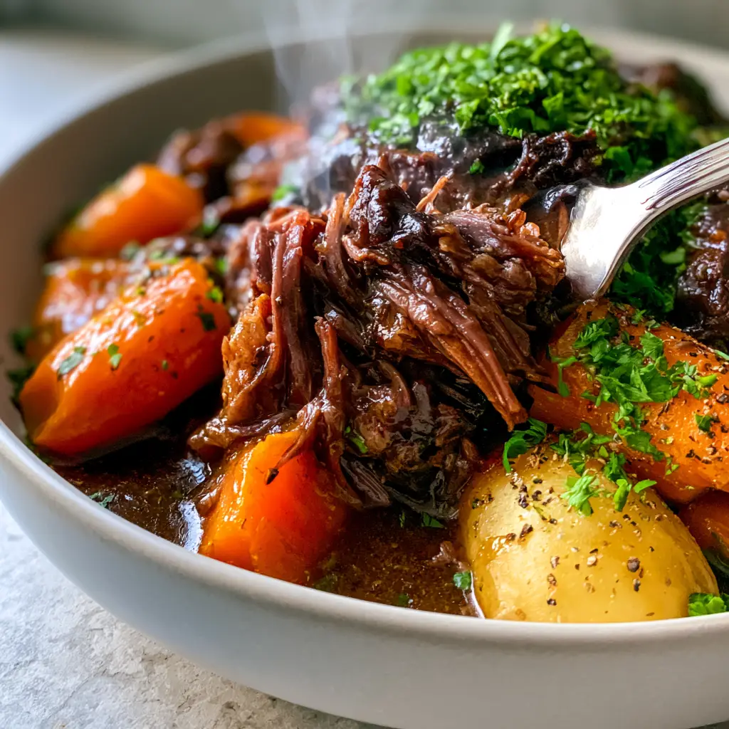 A shallow white bowl filled with Classic Pot Roast, halved golden potatoes, and large carrot chunks garnished with parsley.