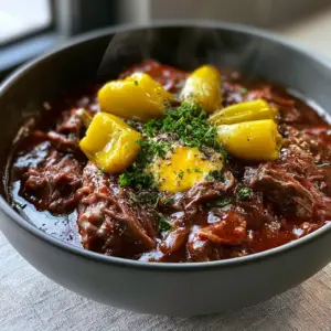 Close up of shredded chuck roast in a thick dark brown gravy with whole pickled pepperoncini peppers. (mississippi pot roast)
